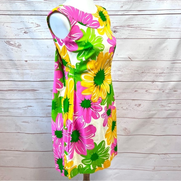 Vintage Hawaiian MCM Mid Century Mod Neon Flower Power Shift Cape Dress - Picture 9 of 14